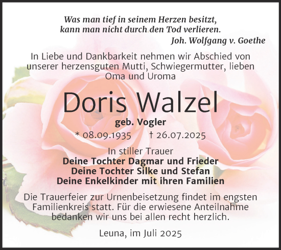 Traueranzeige von Doris Walzel von Trauerkombi Merseburg