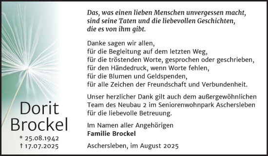 Traueranzeige von Dorit Brockel von Trauerkombi Aschersleben