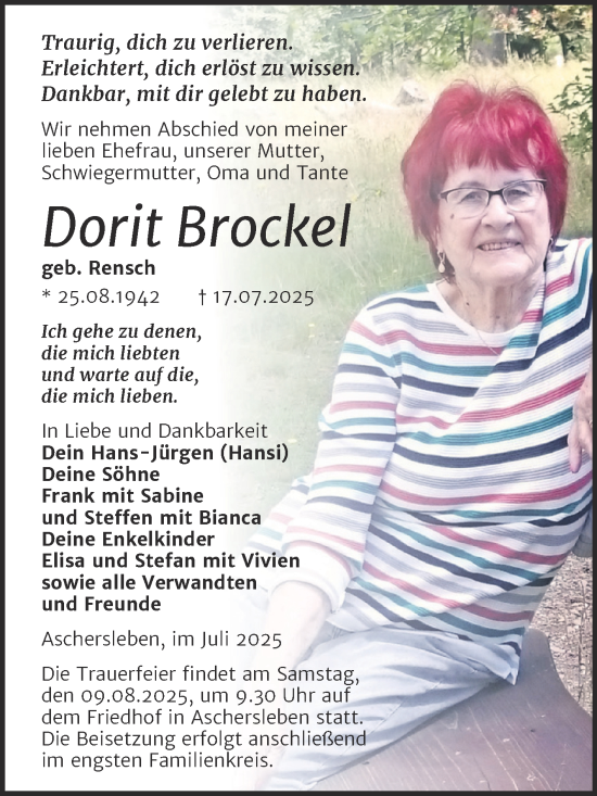 Traueranzeige von Dorit Brockel von Trauerkombi Aschersleben