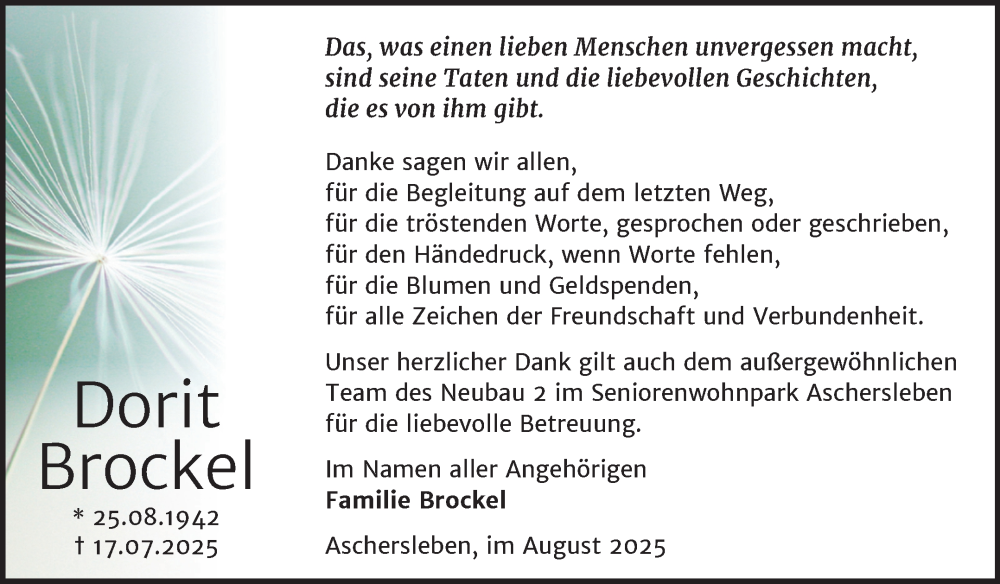  Traueranzeige für Dorit Brockel vom 30.08.2025 aus Trauerkombi Aschersleben