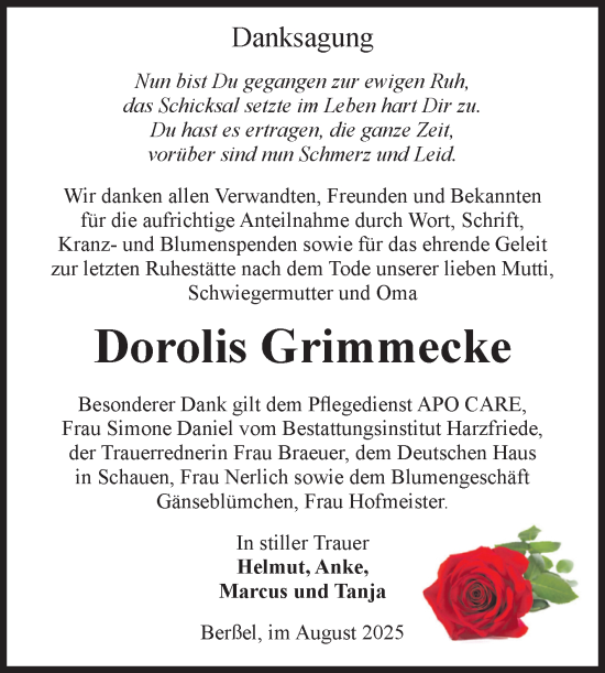 Traueranzeige von Dorolis Grimmecke von Volksstimme Halberstadt