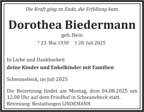 Traueranzeige von Dorothea Biedermann von Volksstimme Halberstadt