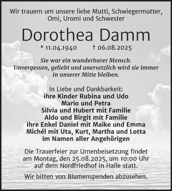 Traueranzeige von Dorothea Damm von Mitteldeutsche Zeitung Halle/Saalkreis