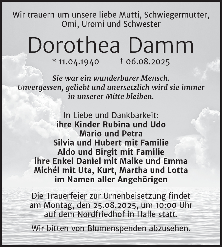  Traueranzeige für Dorothea Damm vom 16.08.2025 aus Mitteldeutsche Zeitung Halle/Saalkreis