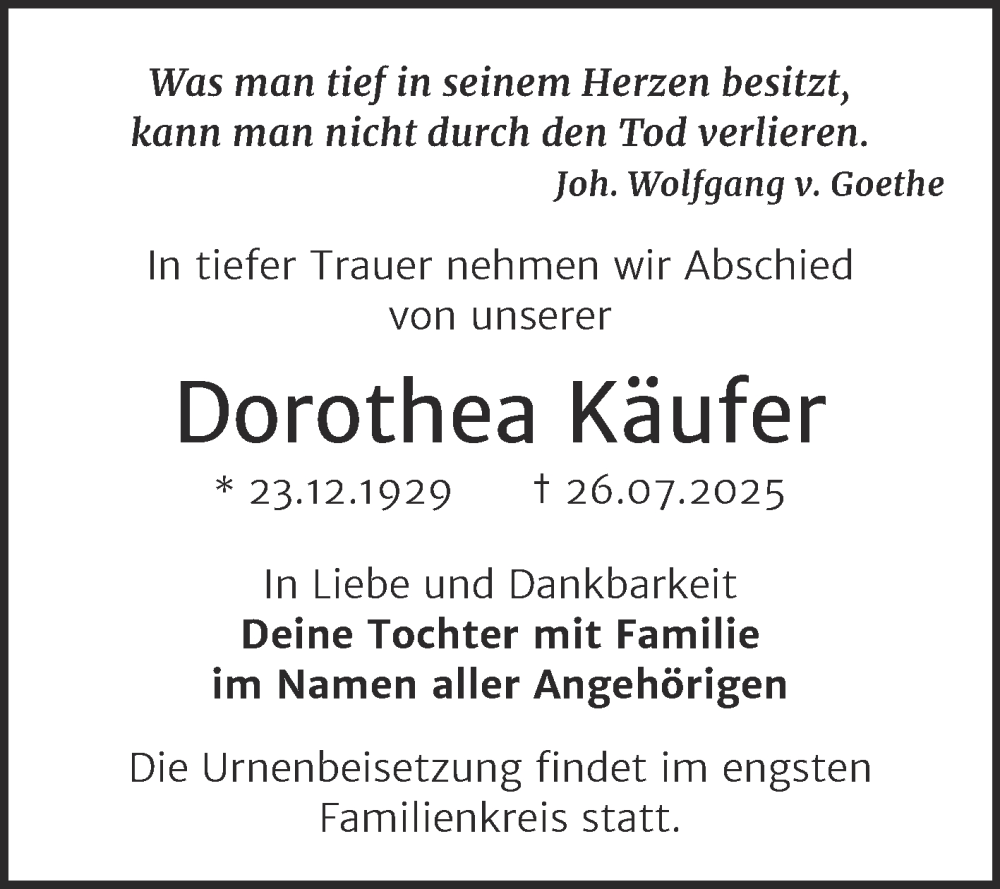  Traueranzeige für Dorothea Käufer vom 09.08.2025 aus Trauerkombi Wittenberg