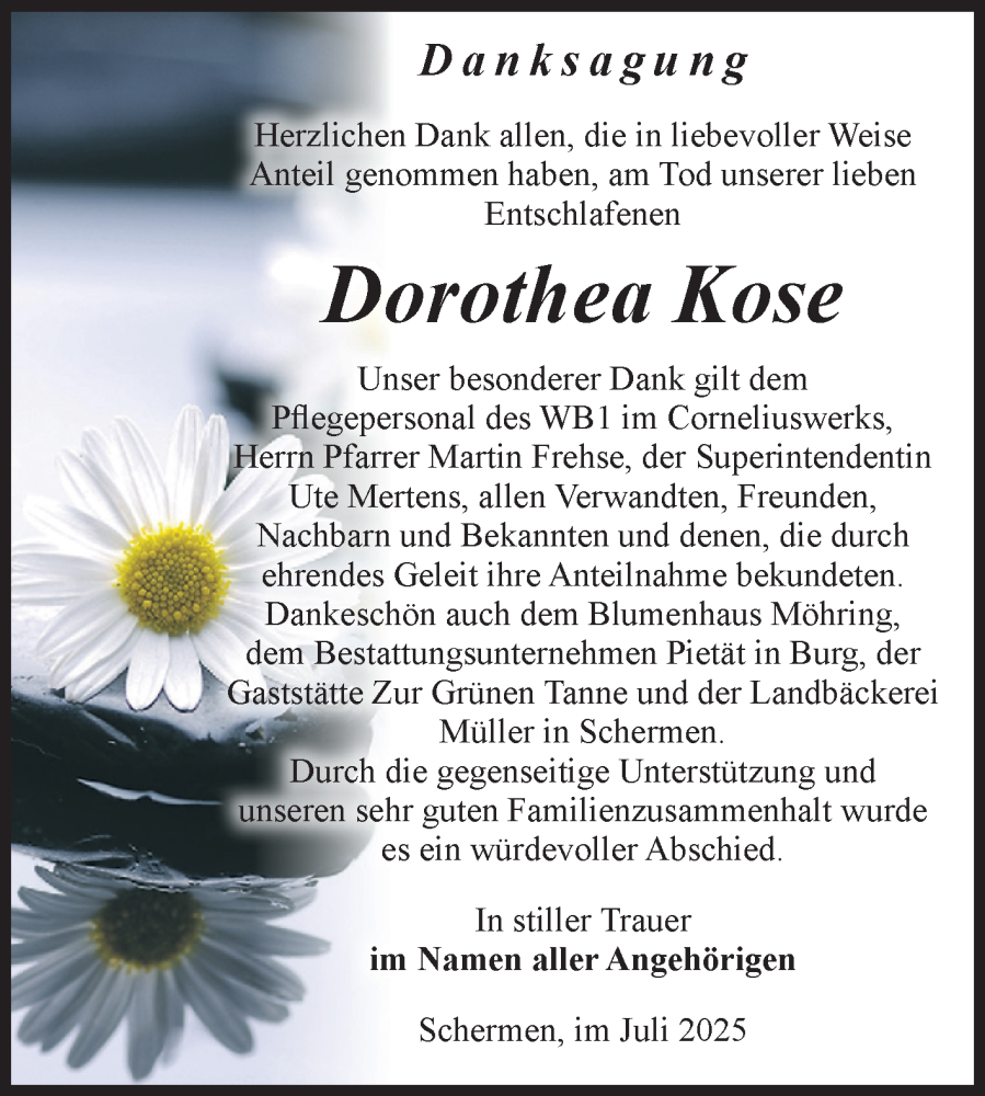  Traueranzeige für Dorothea Kose vom 02.08.2025 aus Volksstimme Burg/Genthin