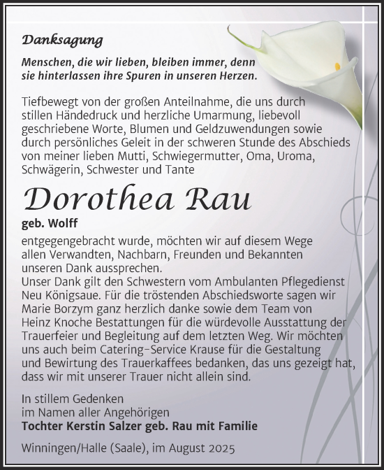 Traueranzeige von Dorothea Rau von Trauerkombi Aschersleben
