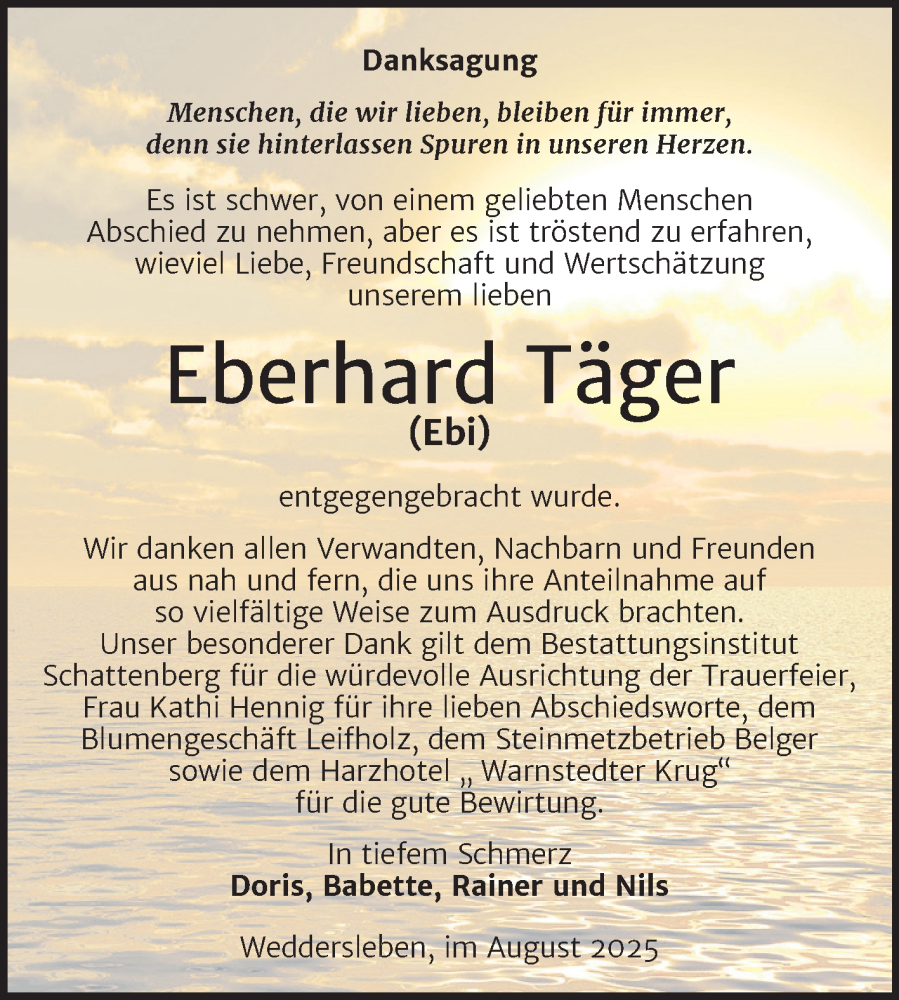  Traueranzeige für Eberhard Täger vom 16.08.2025 aus Trauerkombi Quedlinburg