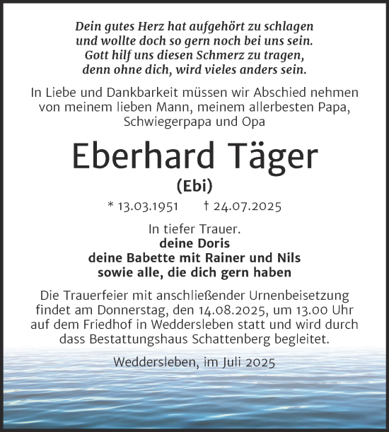 Traueranzeige von Eberhard Täger von Trauerkombi Quedlinburg