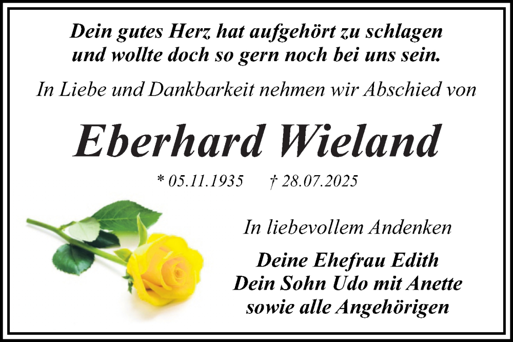  Traueranzeige für Eberhard Wieland vom 09.08.2025 aus Trauerkombi Dessau