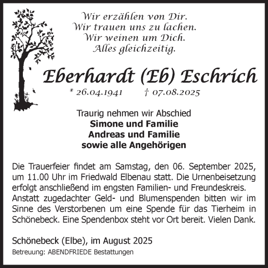 Traueranzeige von Eberhardt Eschrich von Volksstimme Schönebeck