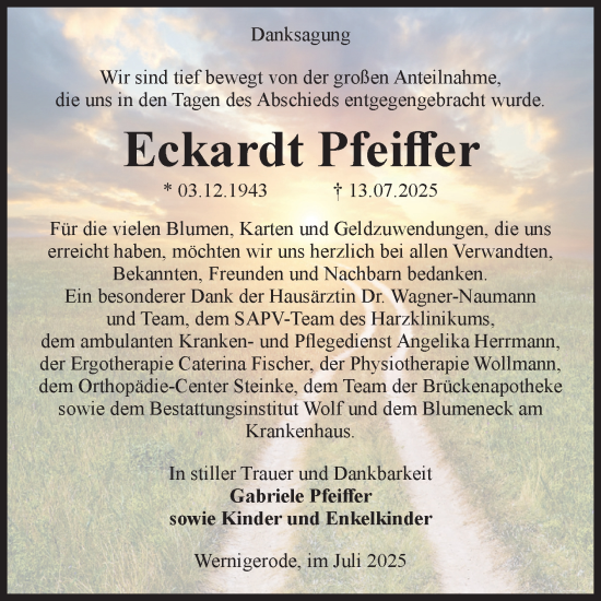 Traueranzeige von Eckardt Pfeiffer von Volksstimme Wernigerode