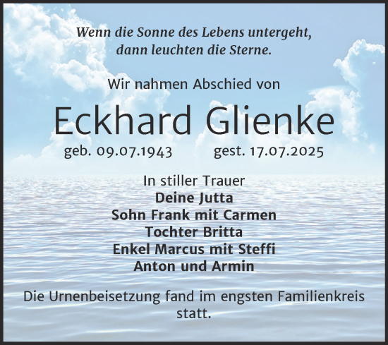 Traueranzeige von Eckhard Glienke von Trauerkombi Wittenberg