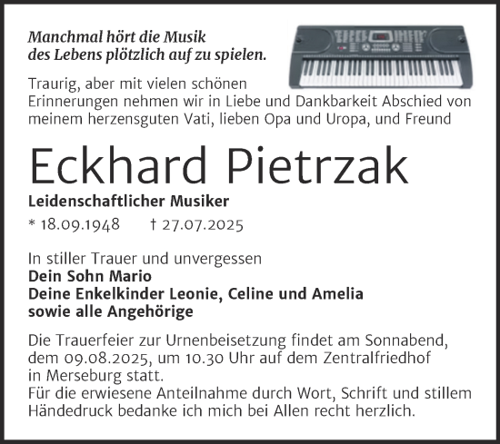 Traueranzeige von Eckhard Pietrzak von Trauerkombi Merseburg