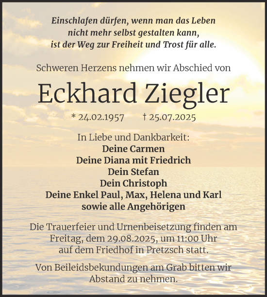Traueranzeige von Eckhard Ziegler von Trauerkombi Wittenberg