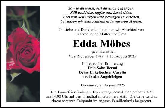 Traueranzeige von Edda Möbes von Volksstimme Burg/Genthin