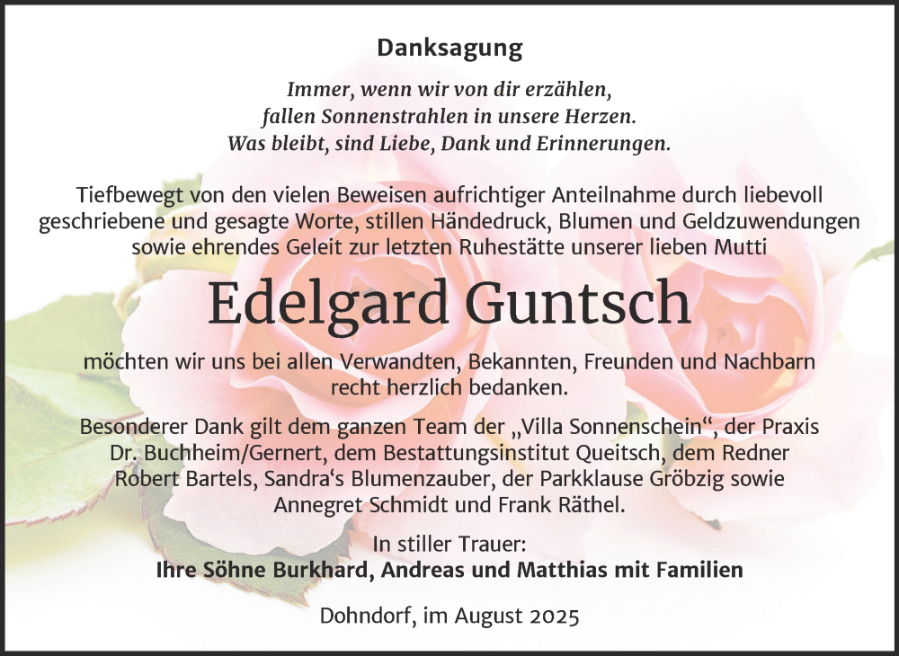  Traueranzeige für Edelgard Guntsch vom 09.08.2025 aus Trauerkombi Köthen