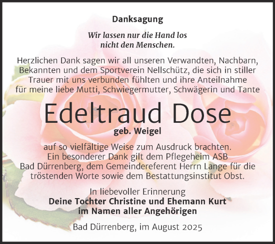 Traueranzeige von Edeltraud Dose von Trauerkombi Weißenfels