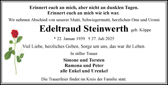 Traueranzeige von Edeltraud Steinwerth von Volksstimme Magdeburg