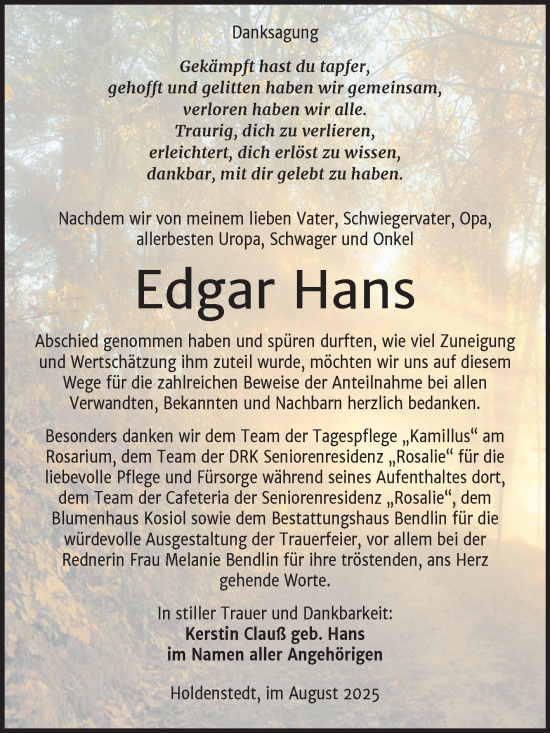 Traueranzeige von Edgar Hans von Trauerkombi Sangerhausen