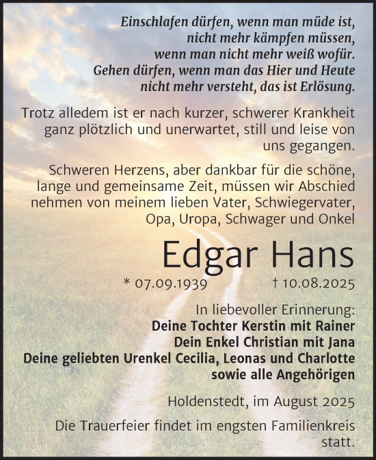 Traueranzeige von Edgar Hans von Trauerkombi Sangerhausen