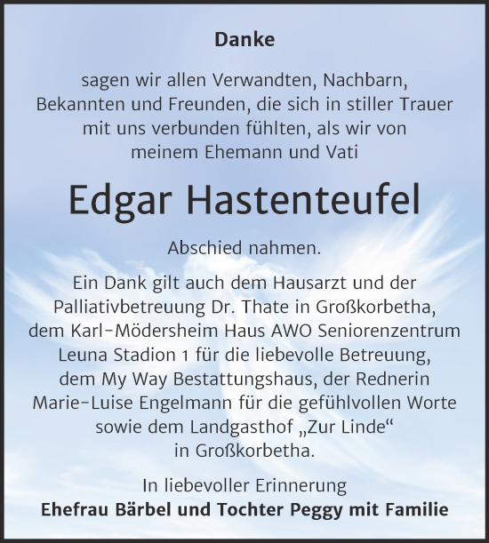 Traueranzeige von Edgar Hastenteufel von Trauerkombi Weißenfels