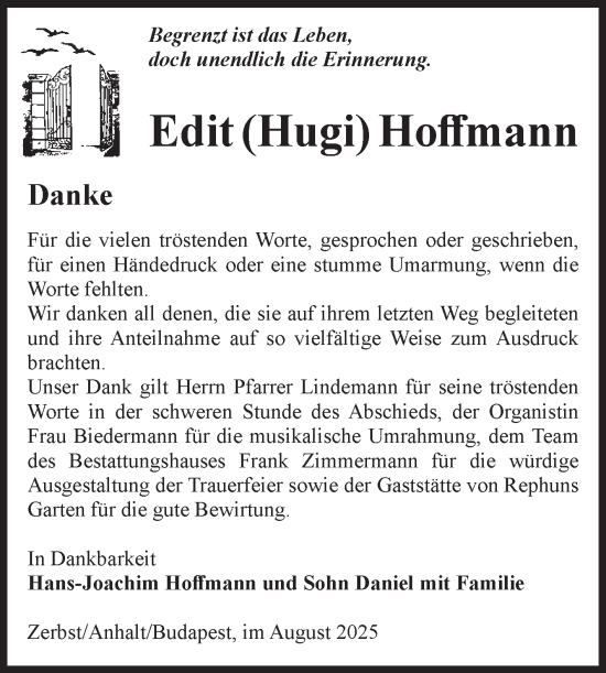 Traueranzeige von Edit Hoffmann von Volksstimme Zerbst