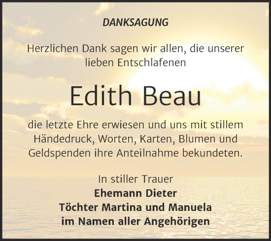 Traueranzeige von Edith Beau von Trauerkombi Weißenfels