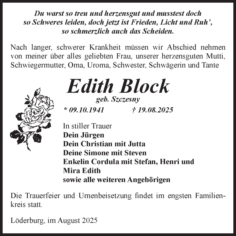  Traueranzeige für Edith Block vom 23.08.2025 aus Volksstimme Staßfurt