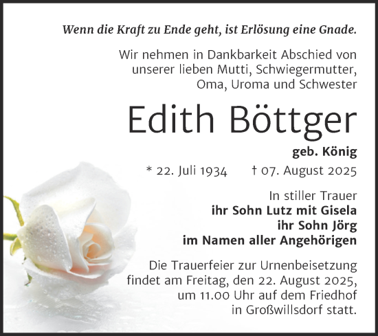 Traueranzeige von Edith Böttger von Super Sonntag Naumburg/Nebra