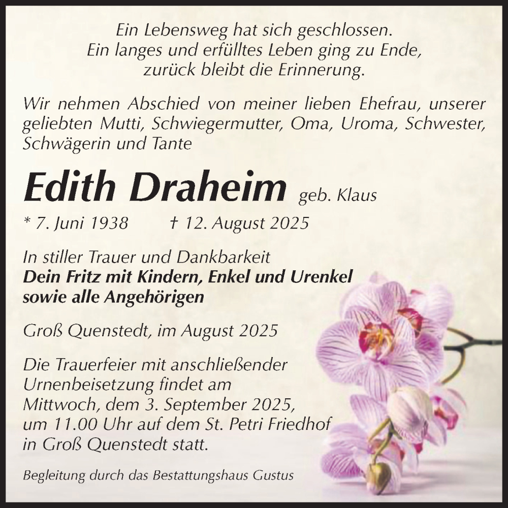  Traueranzeige für Edith Draheim vom 16.08.2025 aus Volksstimme Halberstadt