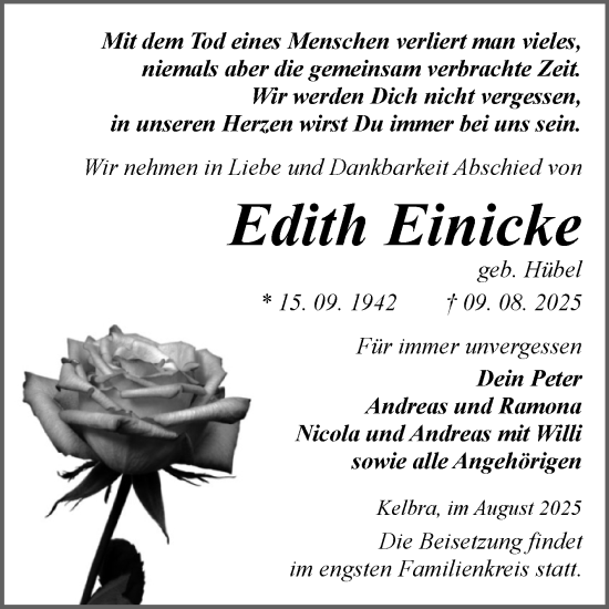 Traueranzeige von Edith Einicke von Trauerkombi Sangerhausen