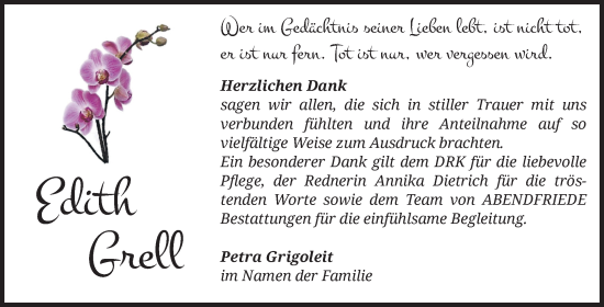 Traueranzeige von Edith Grell von Volksstimme Haldensleben/Wolmirstedt