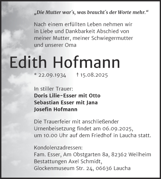 Traueranzeige von Edith Hofmann von Naumburger Tageblatt