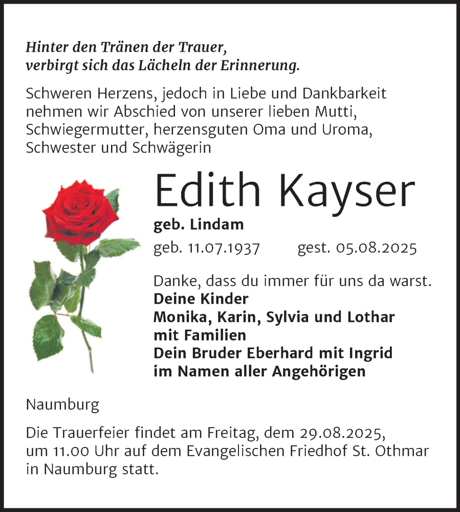  Traueranzeige für Edith Kayser vom 16.08.2025 aus Super Sonntag Naumburg/Nebra