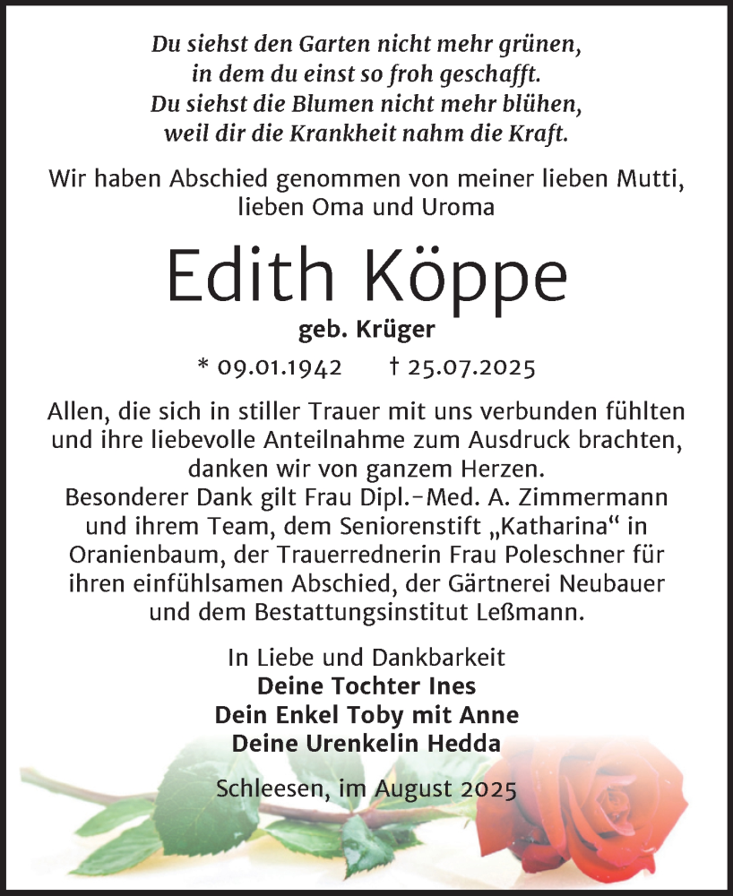  Traueranzeige für Edith Köppe vom 30.08.2025 aus Trauerkombi Wittenberg