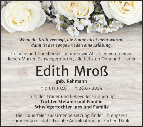 Traueranzeige von Edith Mroß von Trauerkombi Merseburg