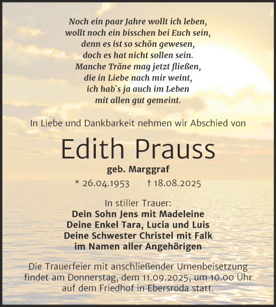 Traueranzeige von Edith Prauss von Super Sonntag Naumburg/Nebra