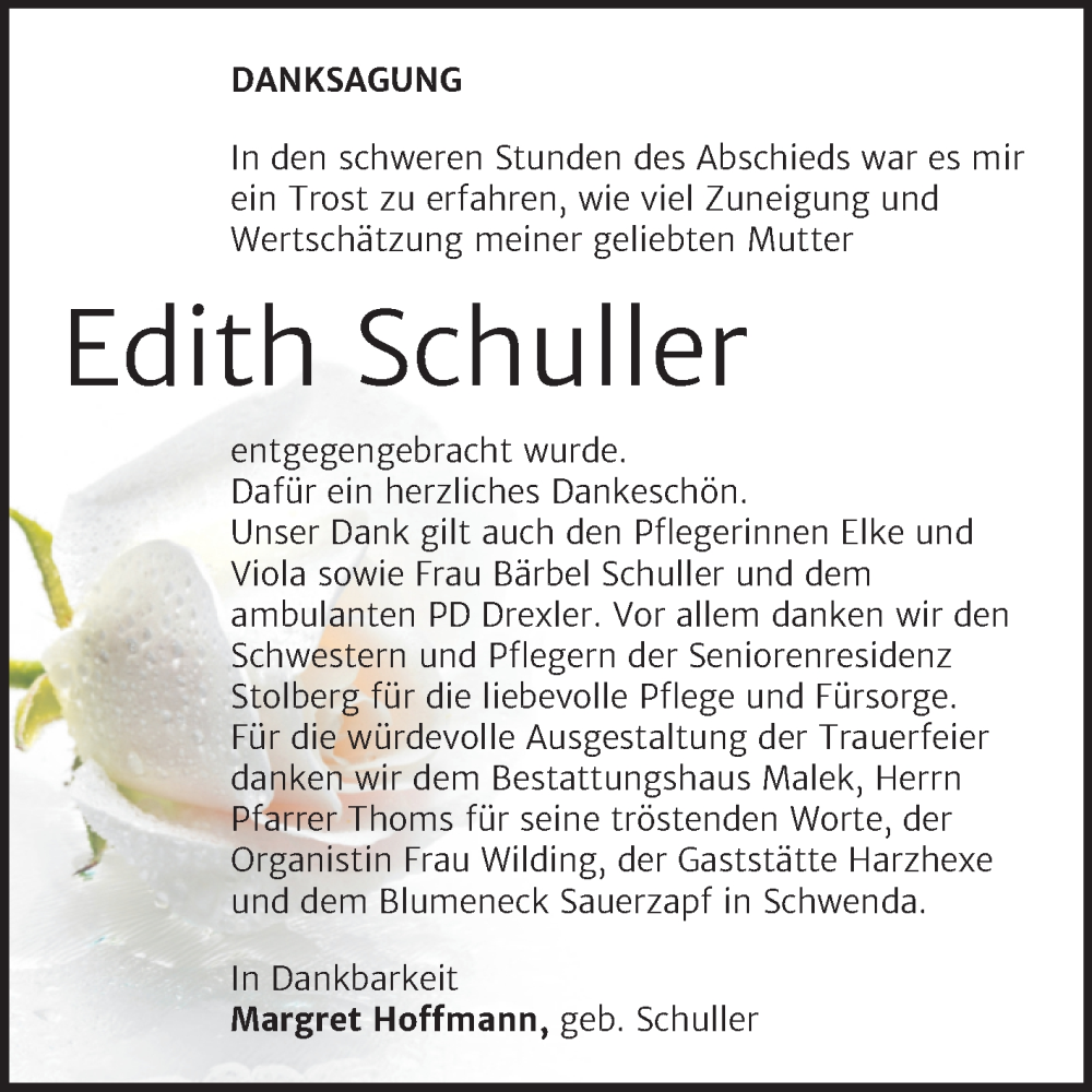  Traueranzeige für Edith Schuller vom 16.08.2025 aus Trauerkombi Sangerhausen