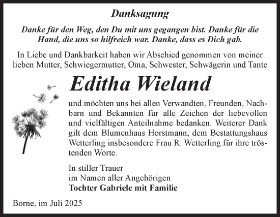 Traueranzeige von Editha Wieland von Volksstimme Staßfurt