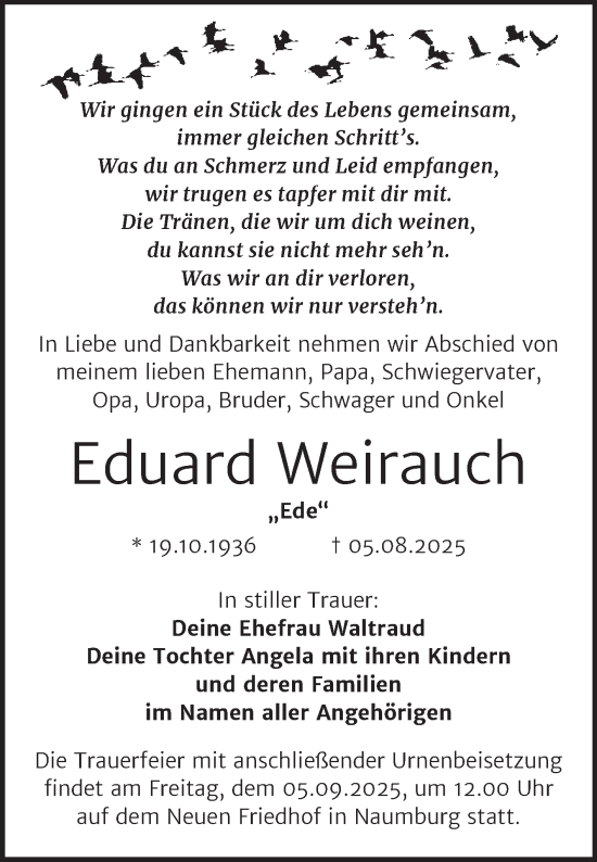 Traueranzeige von Eduard Weirauch von Super Sonntag Naumburg/Nebra