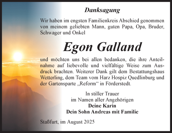 Traueranzeige von Egon Galland von Volksstimme Staßfurt
