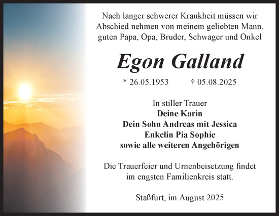 Traueranzeige von Egon Galland von Volksstimme Staßfurt