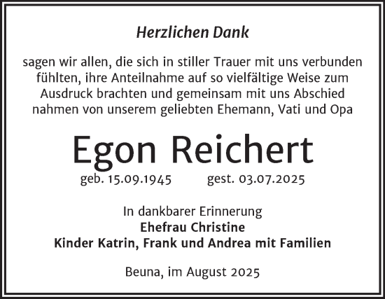 Traueranzeige von Egon Reichert von Trauerkombi Merseburg