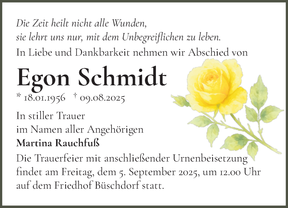  Traueranzeige für Egon Schmidt vom 23.08.2025 aus Mitteldeutsche Zeitung Halle/Saalkreis