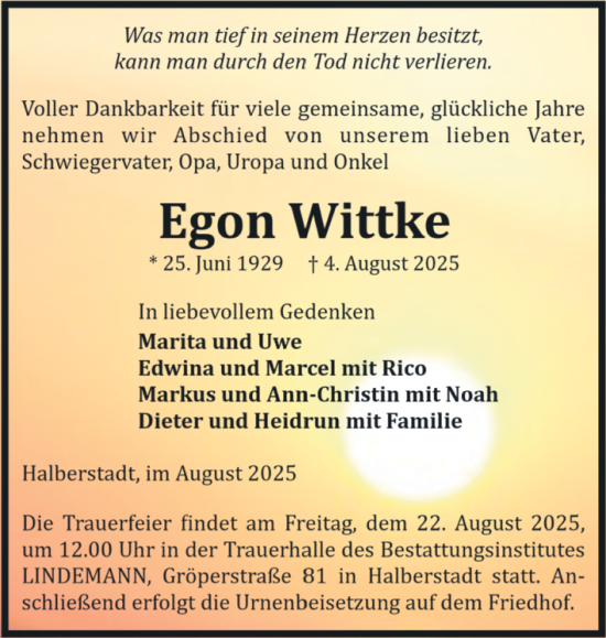 Traueranzeige von Egon Wittke von Volksstimme Halberstadt