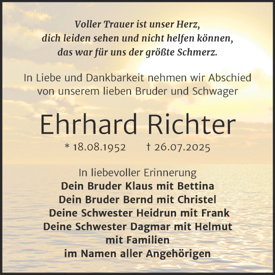 Traueranzeige von Ehrhard Richter von Trauerkombi Bitterfeld
