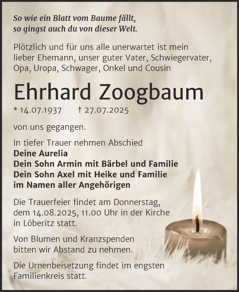  Traueranzeige für Ehrhard Zoogbaum vom 09.08.2025 aus Trauerkombi Bitterfeld