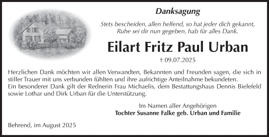 Traueranzeige von Eilart Fritz Paul Urban von Volksstimme Altmark Ost