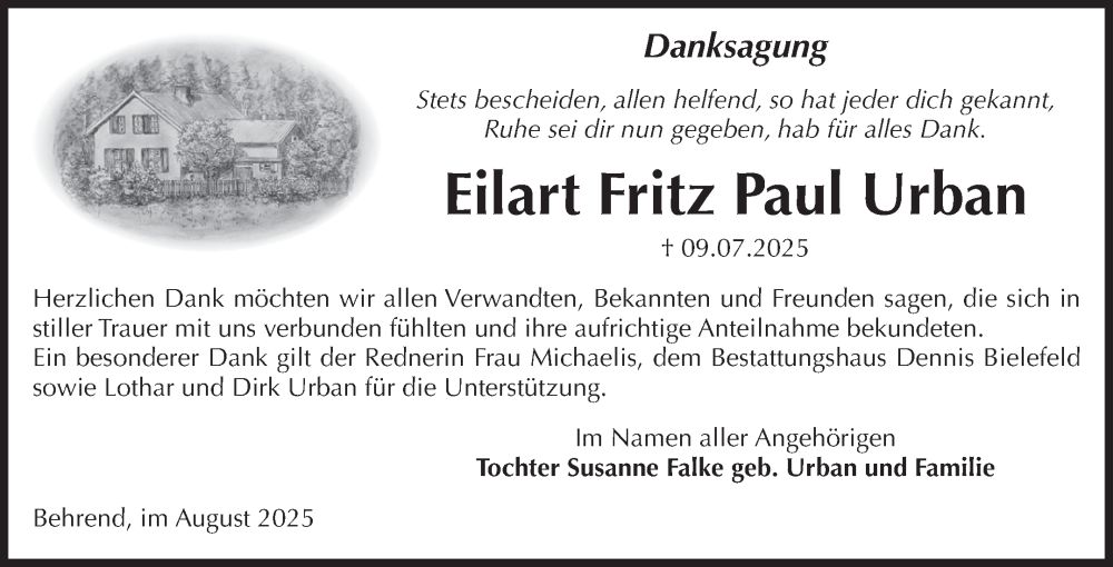  Traueranzeige für Eilart Fritz Paul Urban vom 30.08.2025 aus Volksstimme Altmark Ost